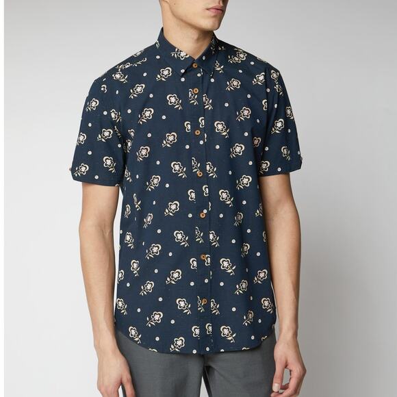 Ben Sherman Neps Shirt Small Floral Print Button Down Navy Cotton Short Sleeve - Picture 1 of 13